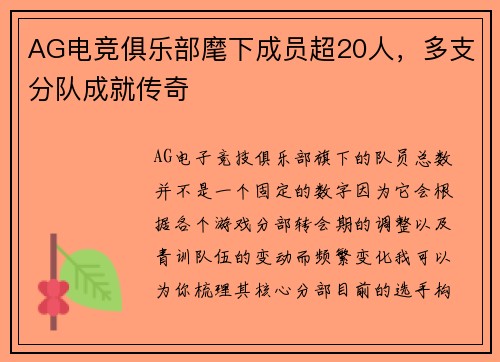 AG电竞俱乐部麾下成员超20人，多支分队成就传奇